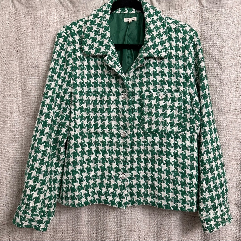 JODIFL Houndstooth Tweed Blazer Jacket Rhinestone Buttons Green & White Medium